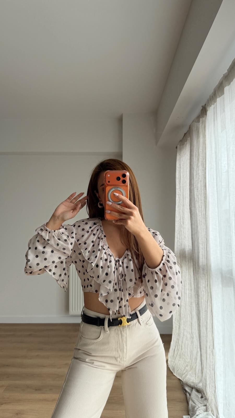 Puantiyeli Crop Bluz Bej