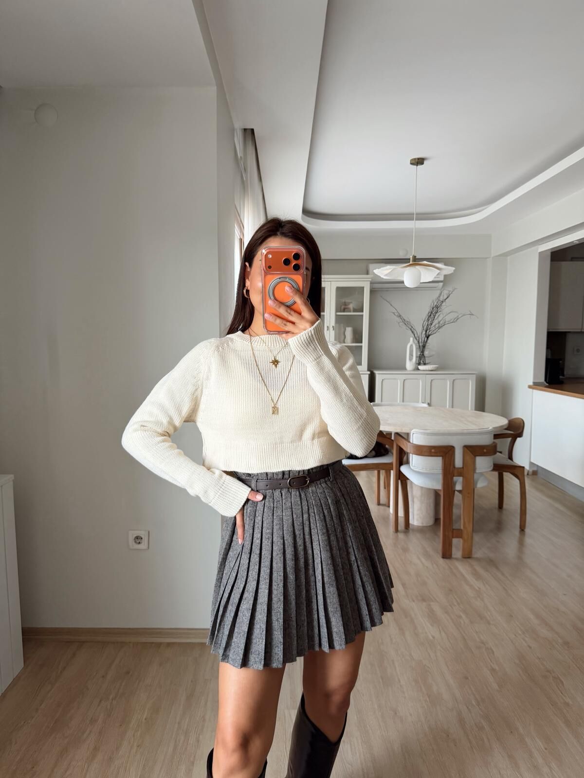 Basic Crop Örgü Kazak Krem