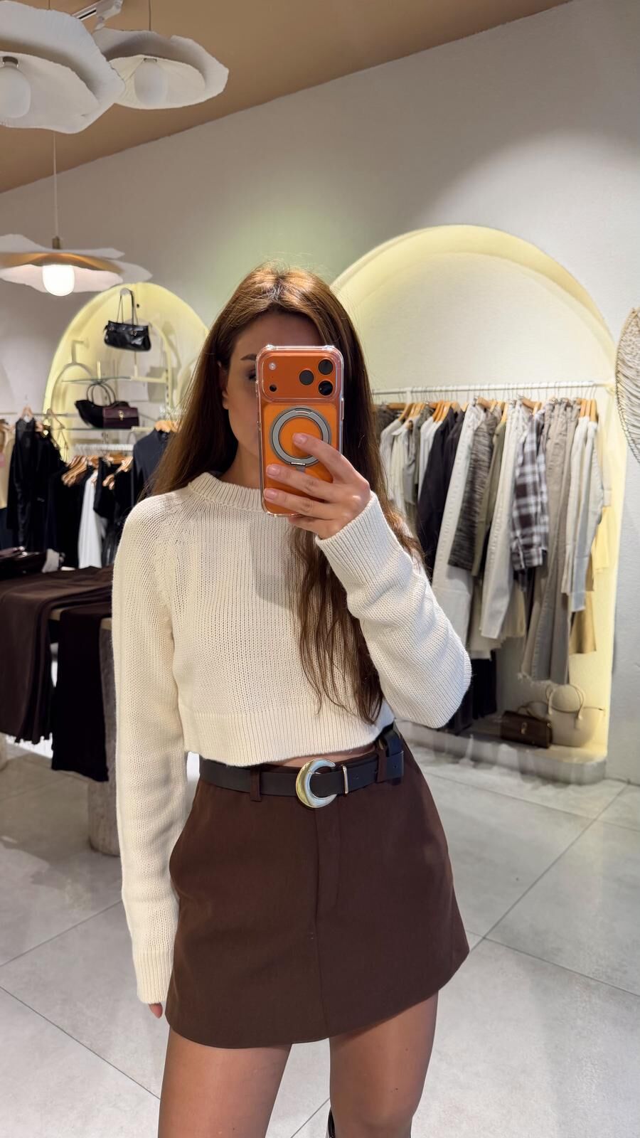 Basic Crop Örgü Kazak Krem