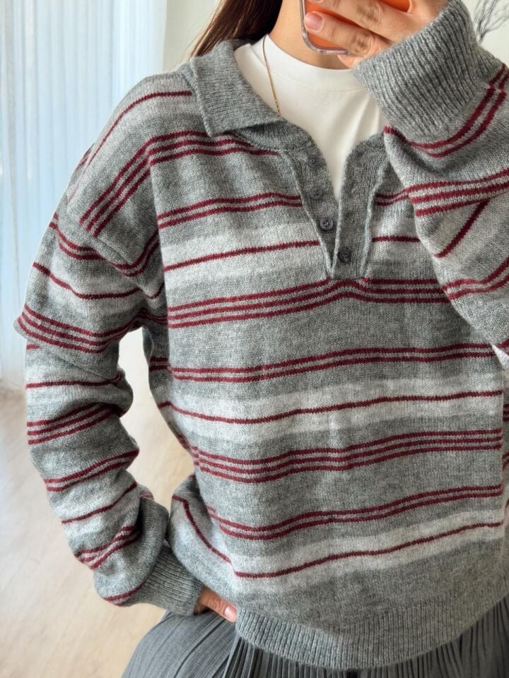 Çizgili Gri Polo Kazak