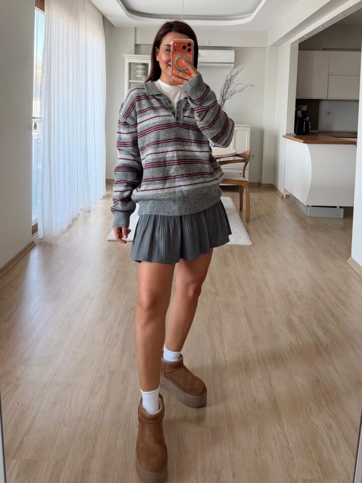 Çizgili Gri Polo Kazak