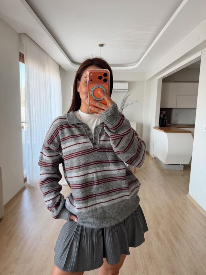 Çizgili Gri Polo Kazak