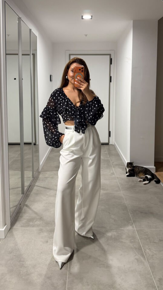 Puantiyeli Crop Bluz Siyah