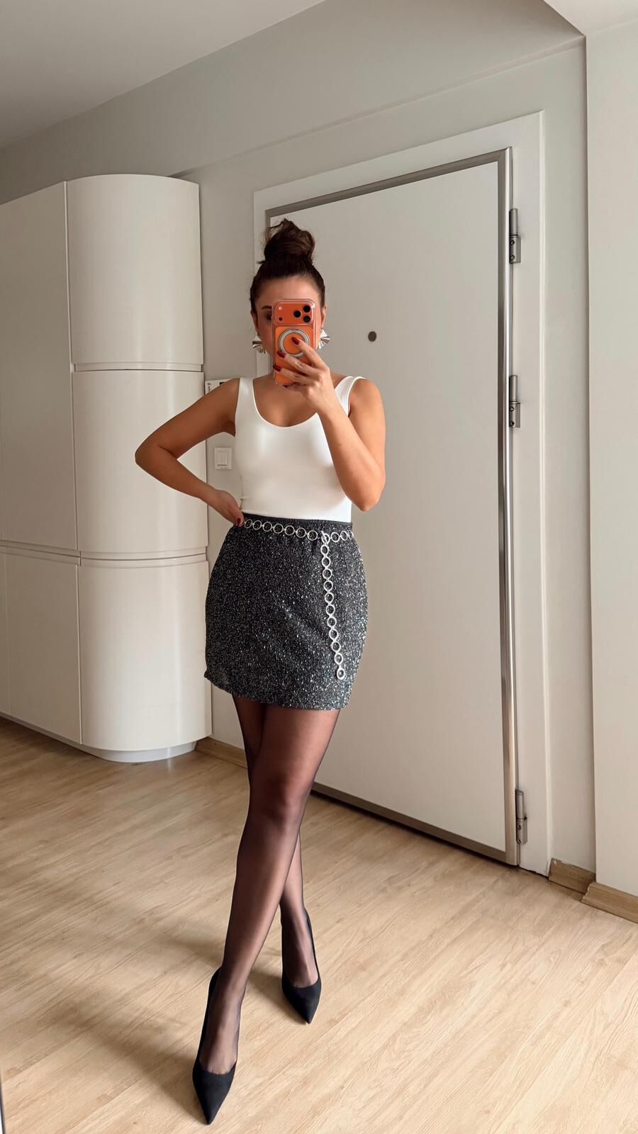 Mini Etek Taş İşlemeli Gri