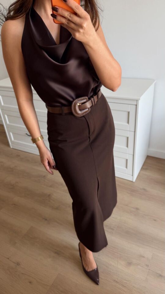 Ön Yırtmaçlı Etek Kahve