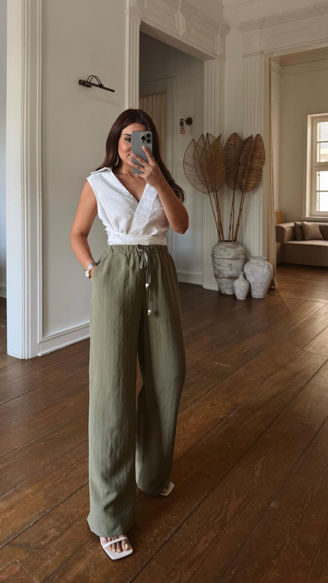 Çizgili Tencel Pantolon Haki