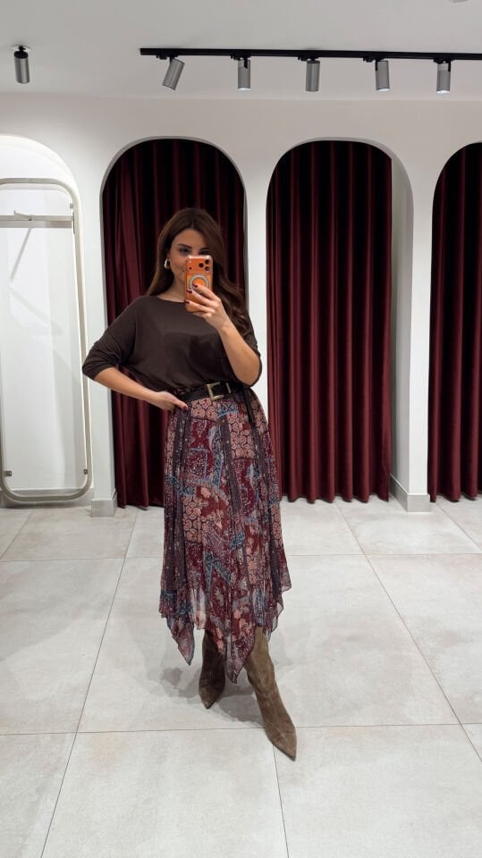 Şifon Desenli Etek Bordo
