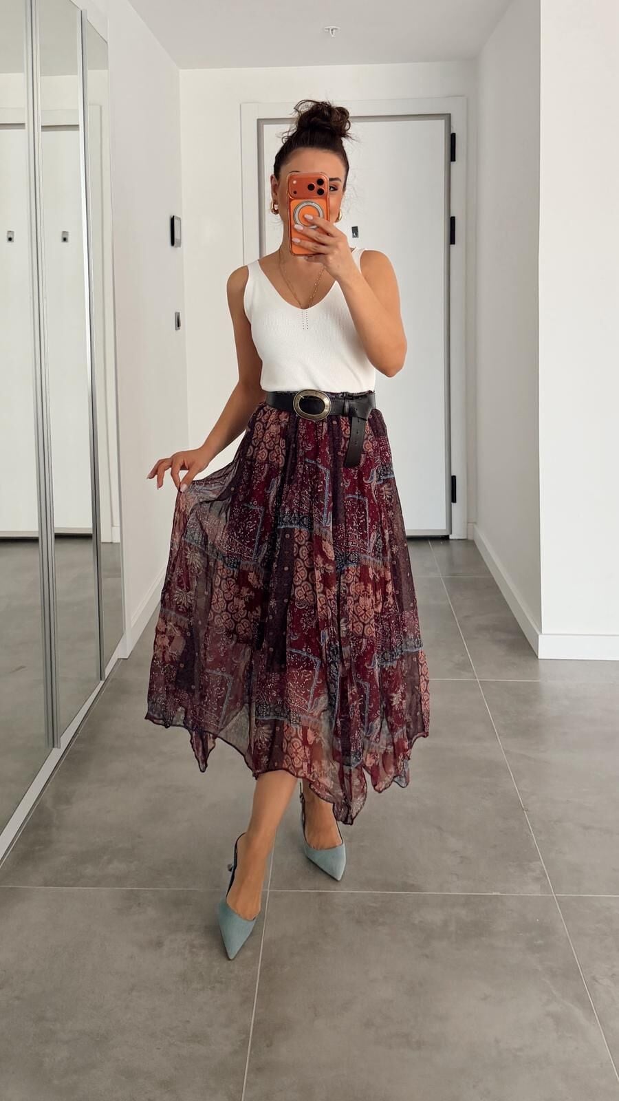 Şifon Desenli Etek Bordo