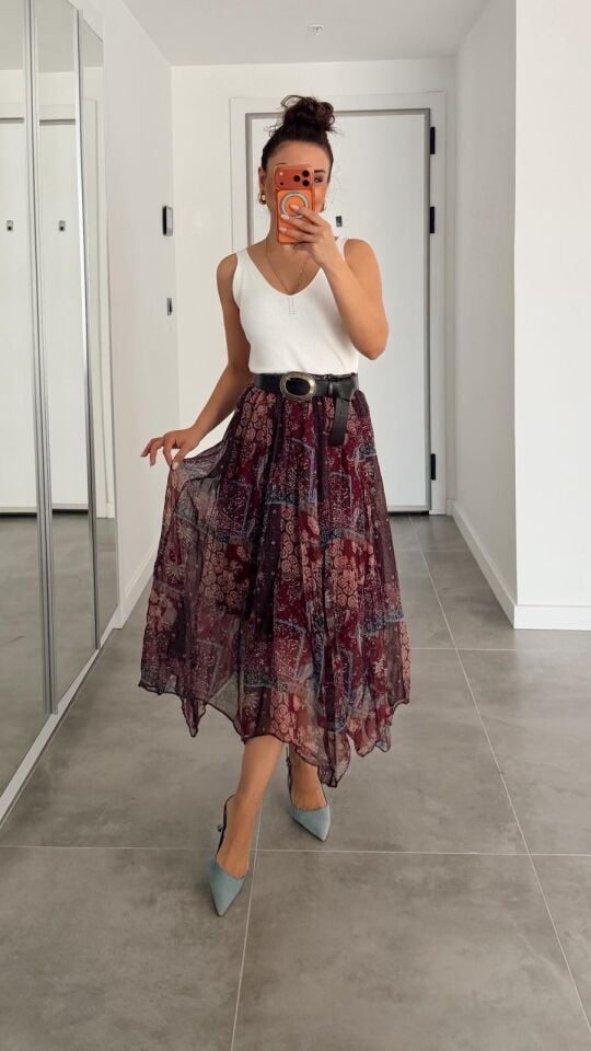 Şifon Desenli Etek Bordo