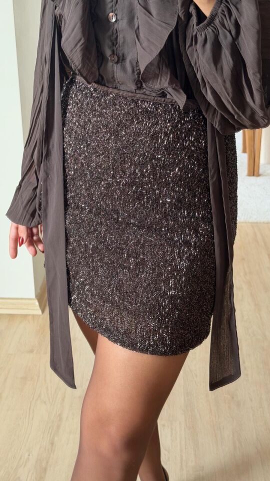 Mini Etek Taş İşlemeli Kahve