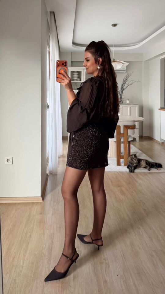 Mini Etek Taş İşlemeli Kahve