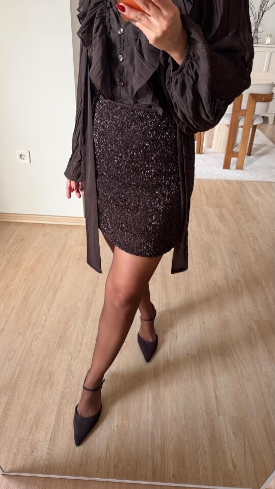 Mini Etek Taş İşlemeli Kahve