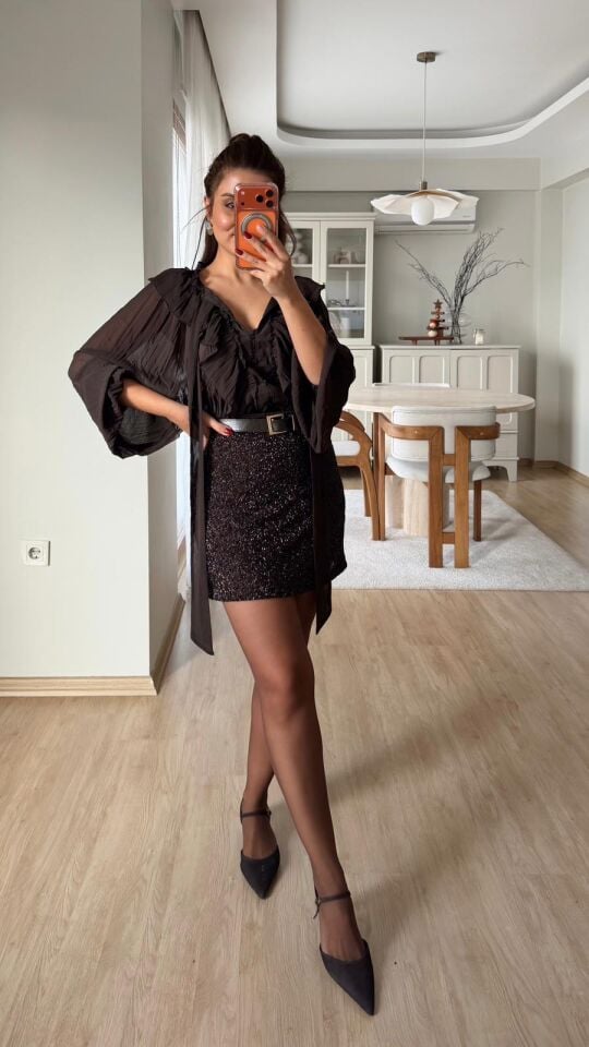 Mini Etek Taş İşlemeli Kahve