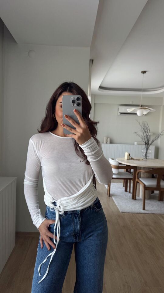 Bağlamalı Transparan Bluz Ekru