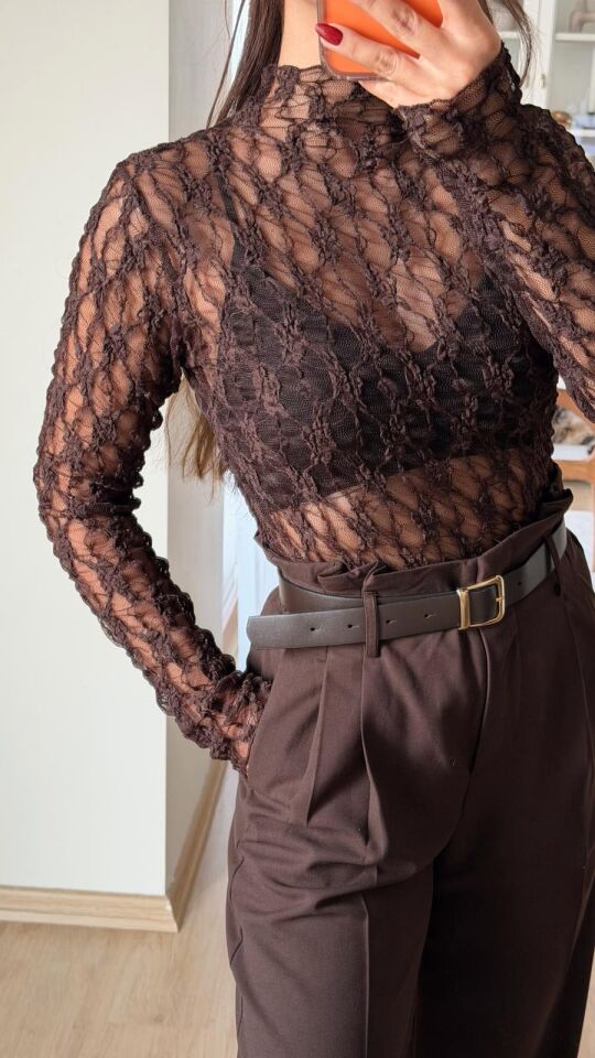 Transparan Dantel Bluz Kahve