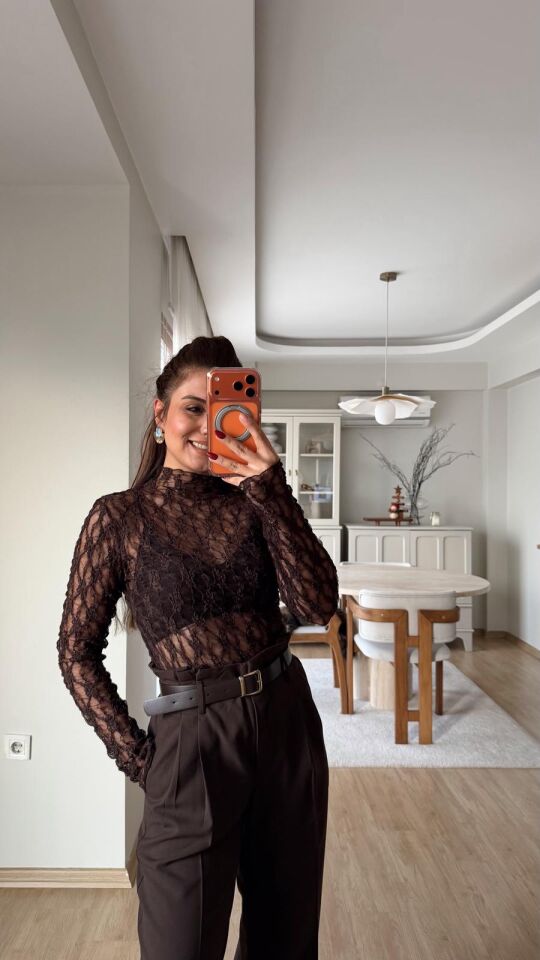 Transparan Dantel Bluz Kahve