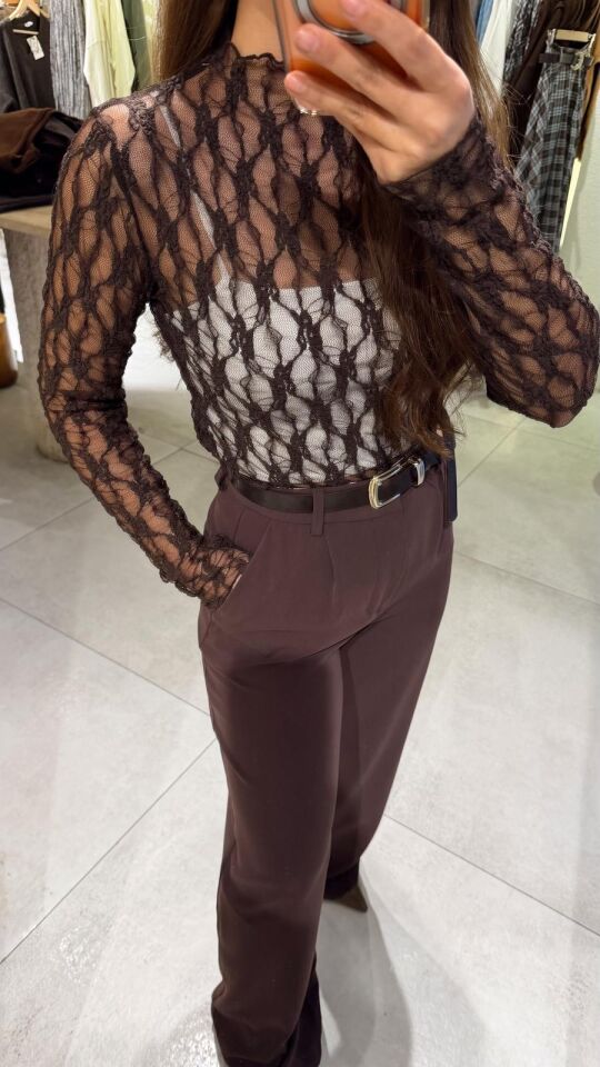 Transparan Dantel Bluz Kahve