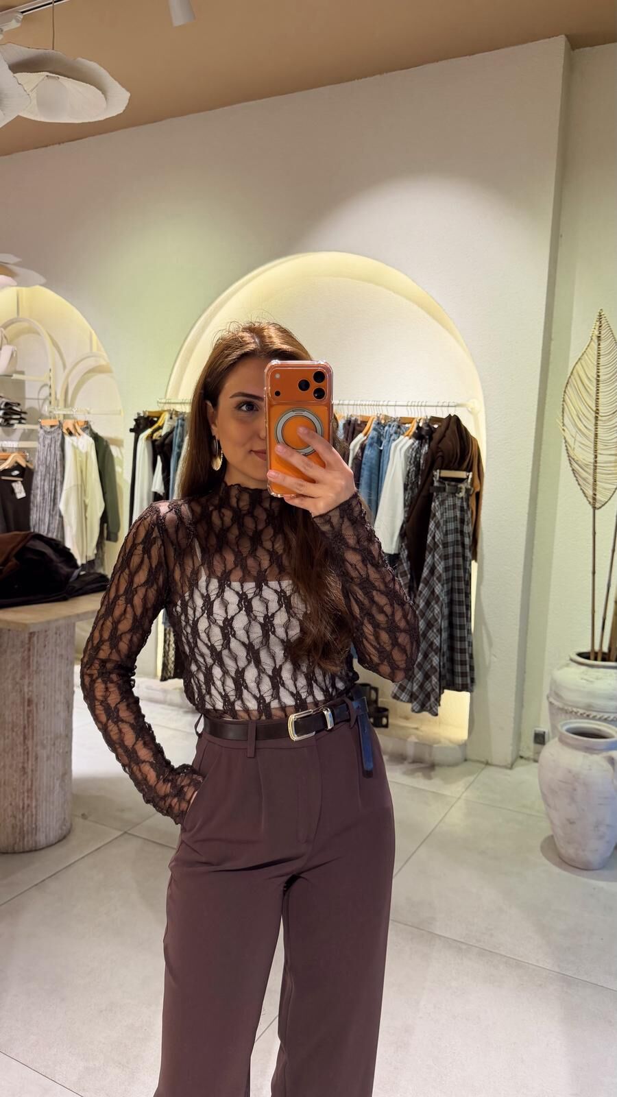 Transparan Dantel Bluz Kahve