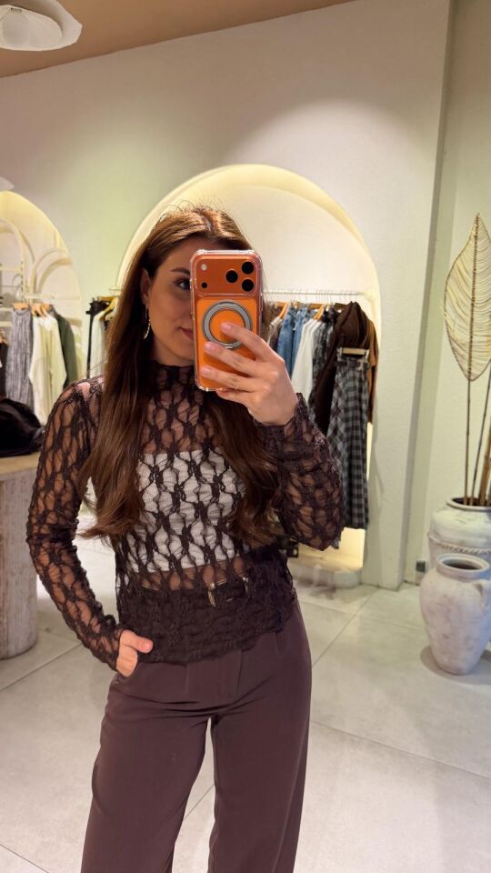 Transparan Dantel Bluz Kahve