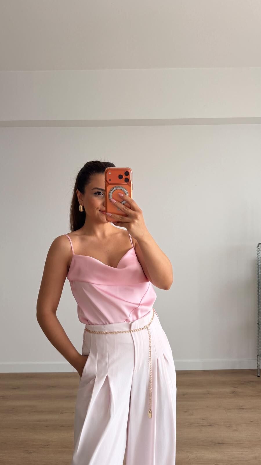 Degajeli Saten Bluz Pembe