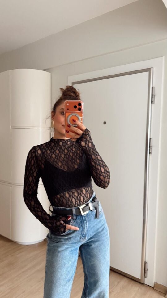 Transparan Dantel Bluz Siyah