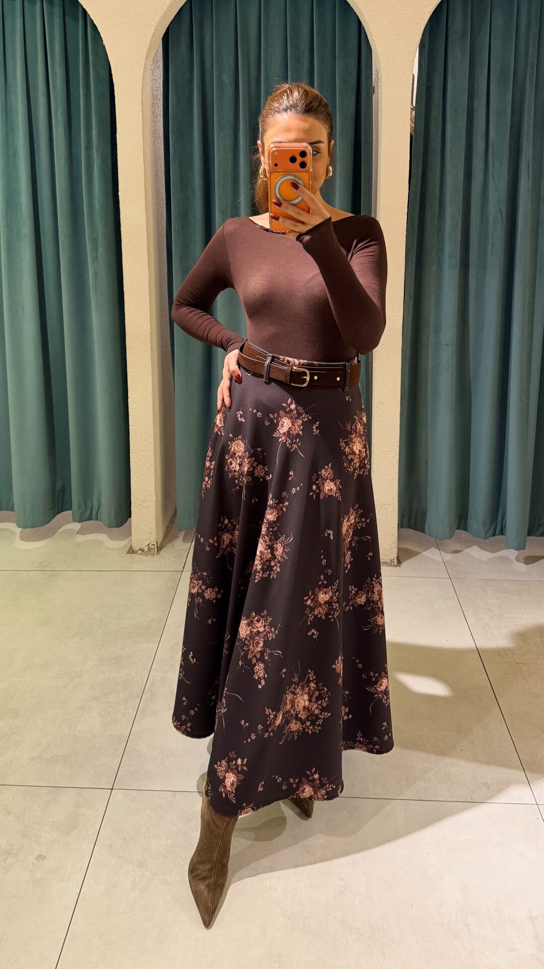 Kemerli Çiçek Desen Etek Kahve