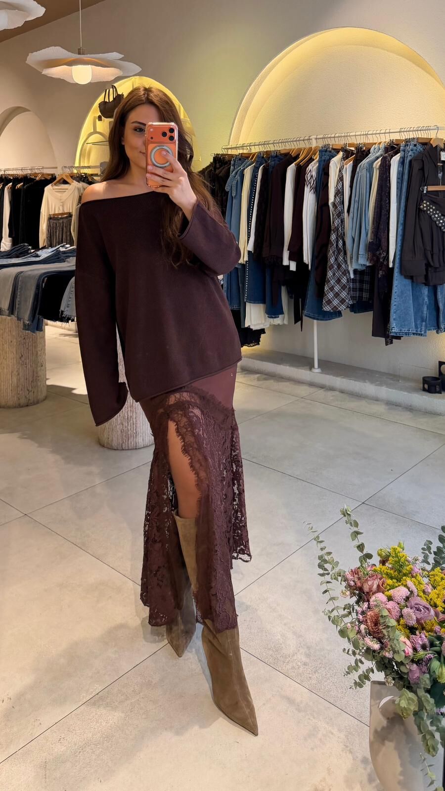 Dantelli Saten Etek Kahve