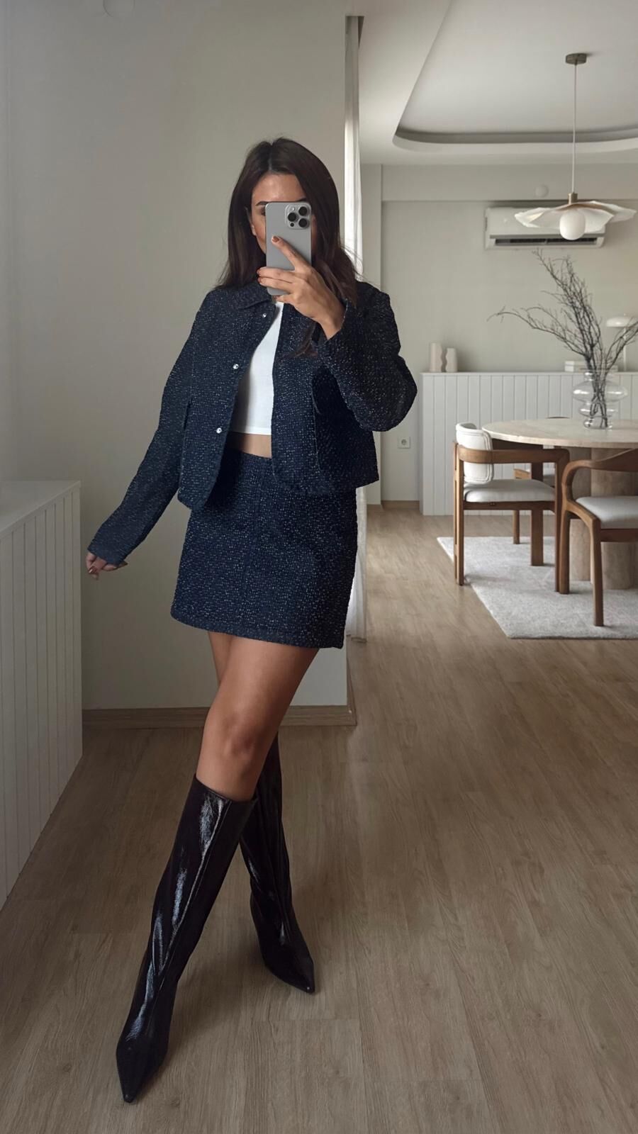 Dokulu Denim Etek Takım