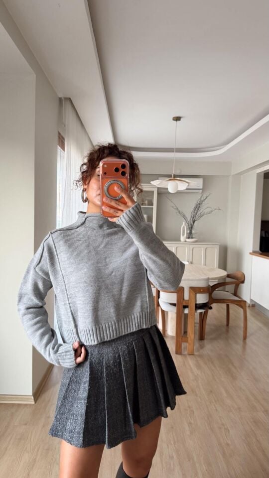 Dik Yaka Dikişli Kazak Gri