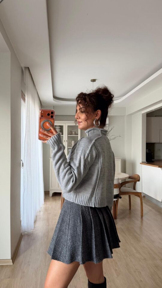 Dik Yaka Dikişli Kazak Gri