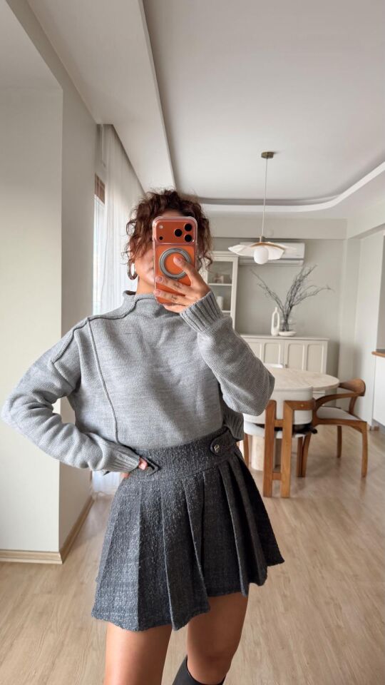 Dik Yaka Dikişli Kazak Gri