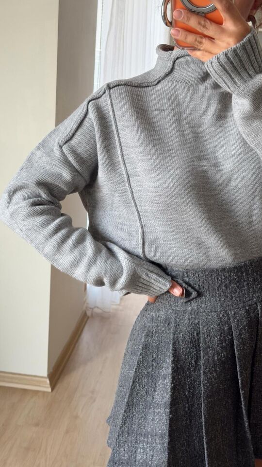 Dik Yaka Dikişli Kazak Gri