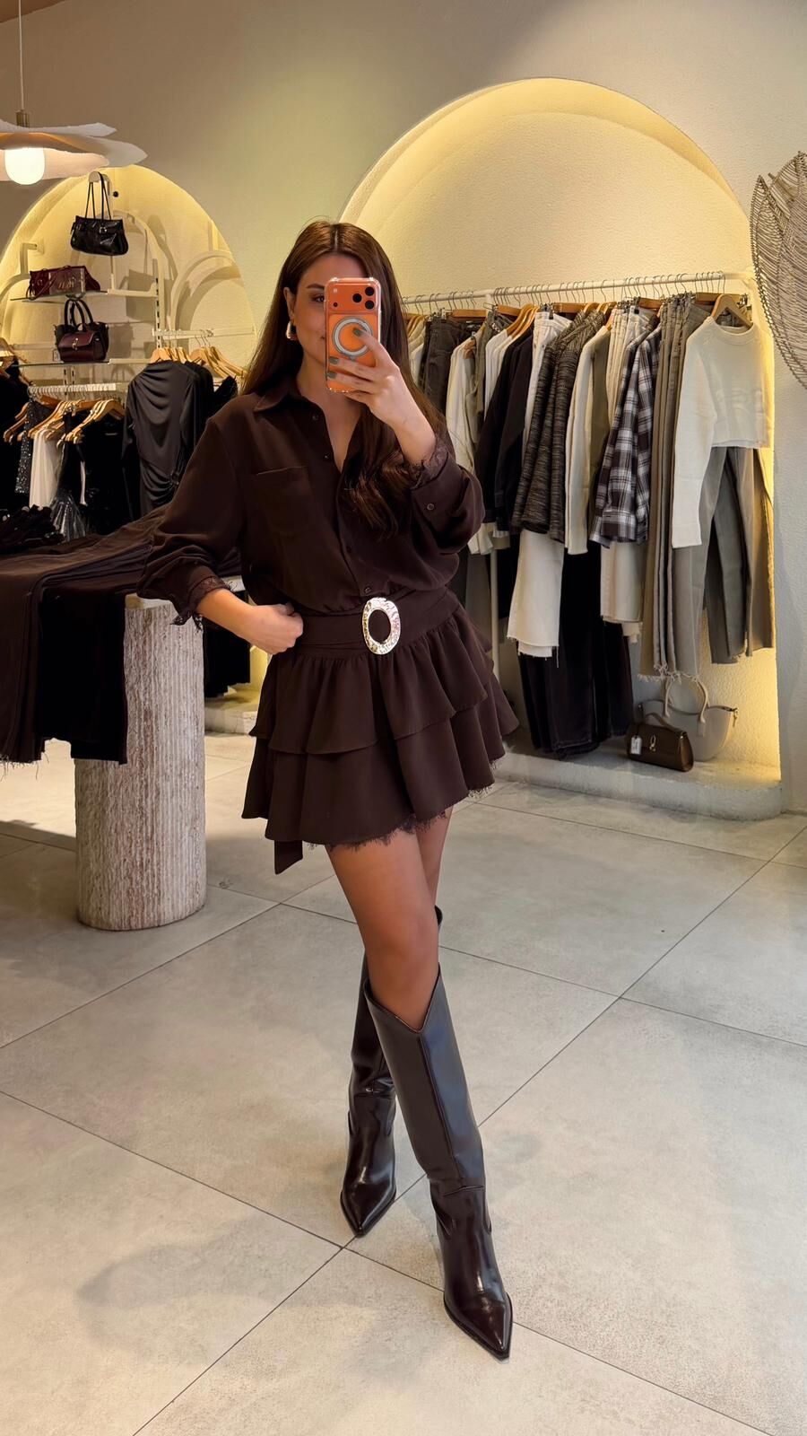 Gold Kemer Kahve Mini Elbise