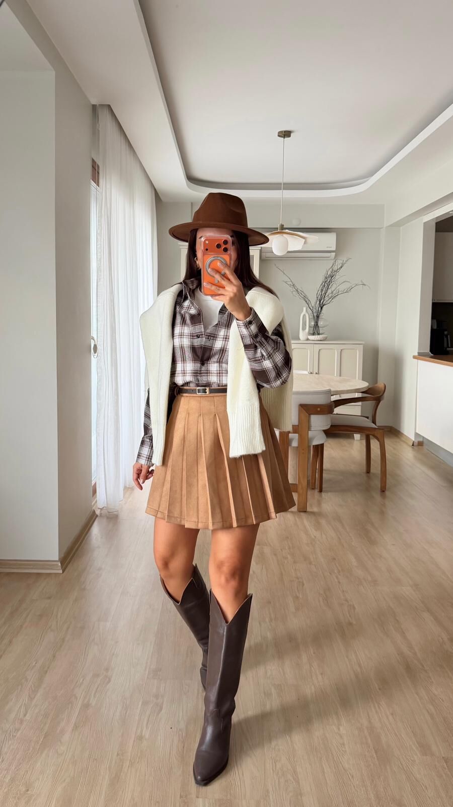 Süet Mini Etek Camel