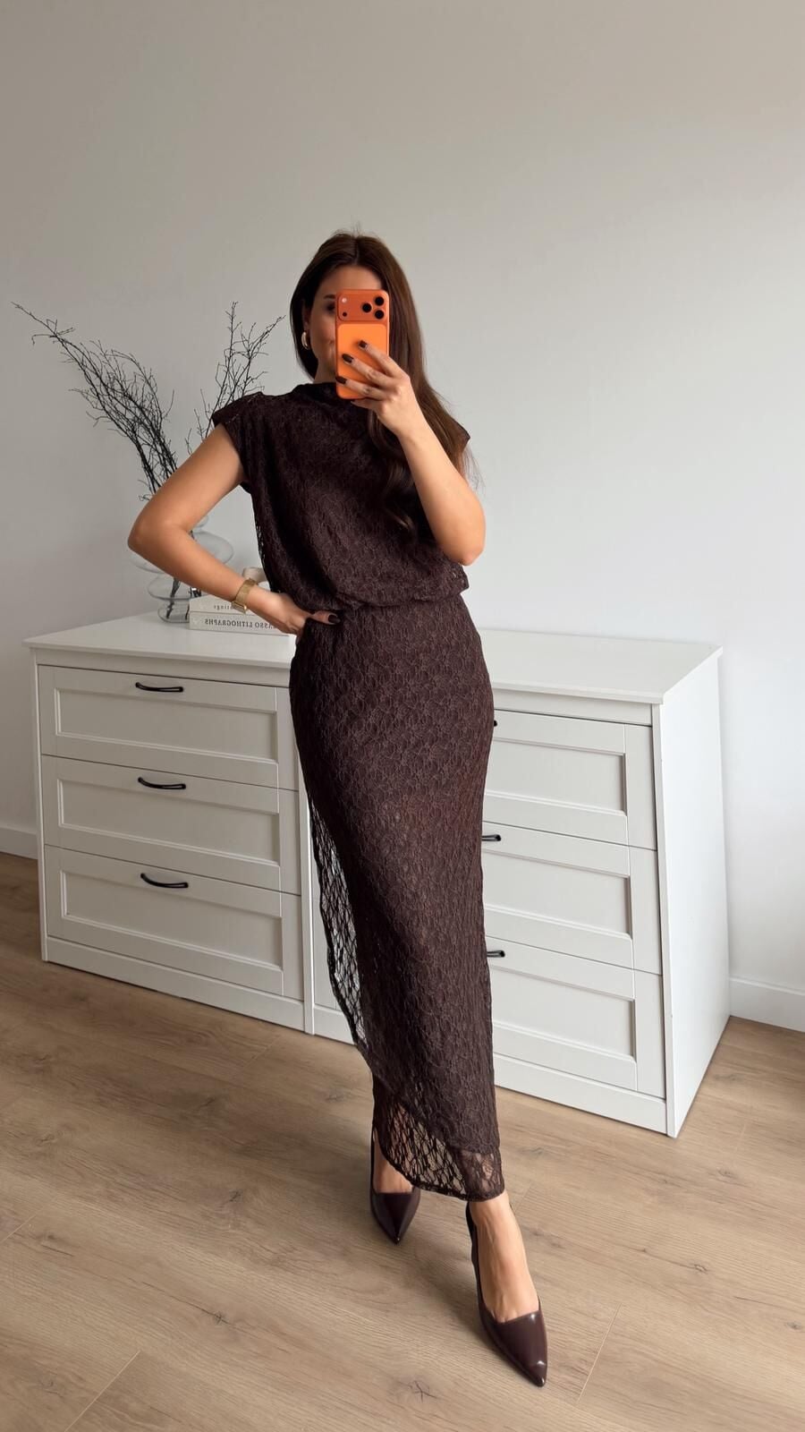 Vatkalı Dantel Elbise Kahve