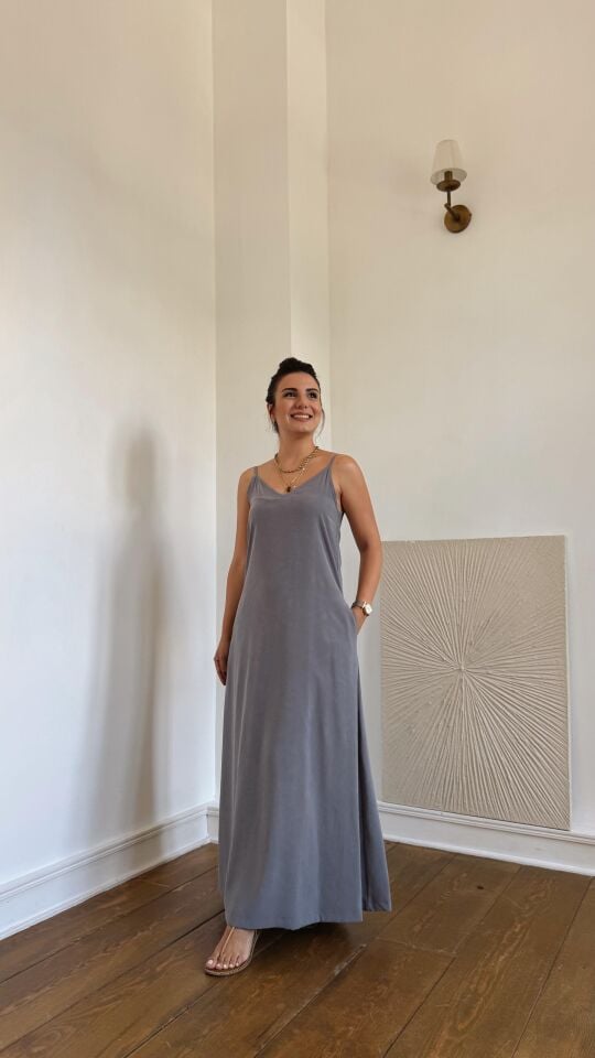 Askılı Basic Elbise Gri