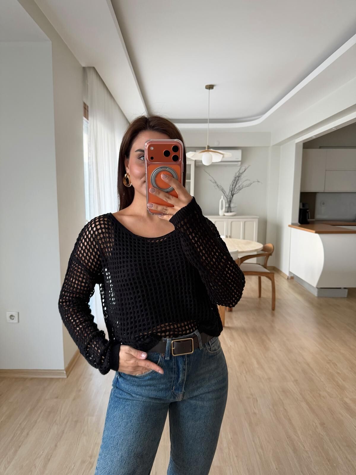 Ajurlu Crop Triko Takım Siyah