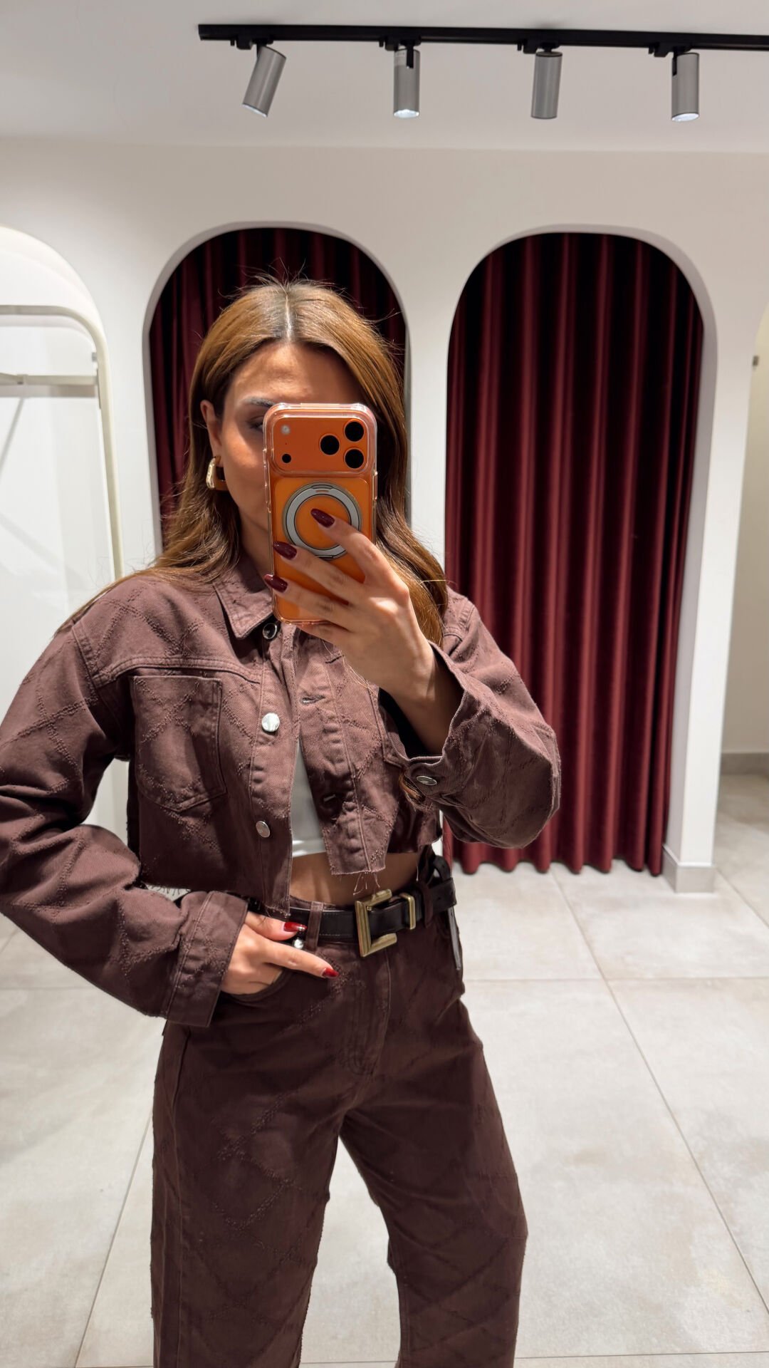 Dokulu Crop Ceket Kahve