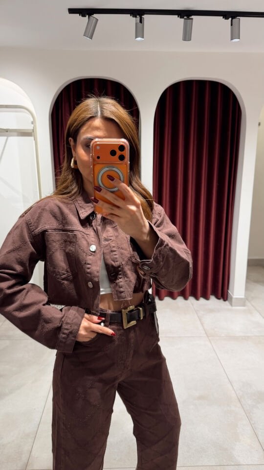 Dokulu Crop Ceket Kahve