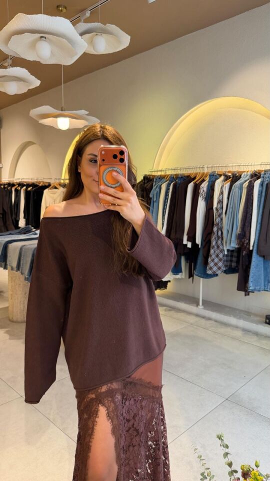 Kayık Yaka Fitilli Triko Kahve