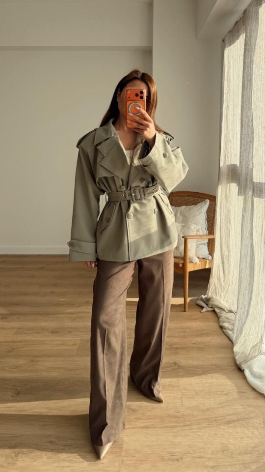 Kemerli Kısa Trench Haki