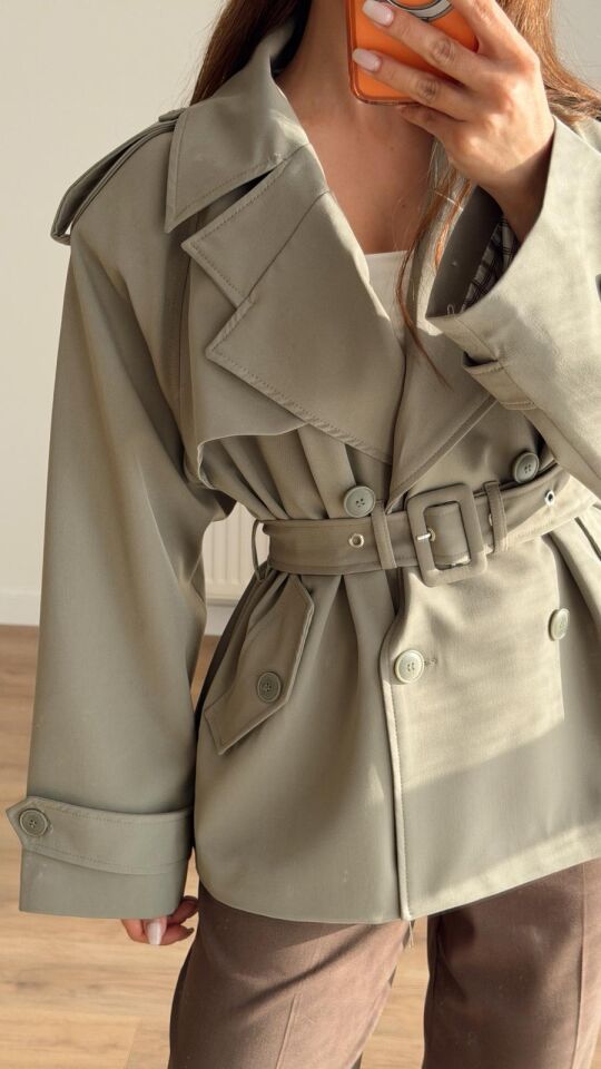 Kemerli Kısa Trench Haki