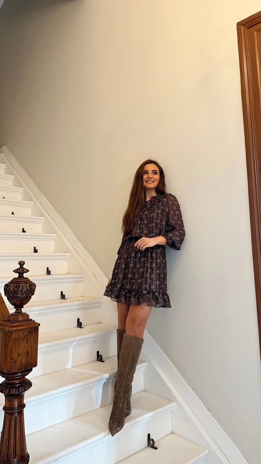 Şifon Desenli Kahve Elbise