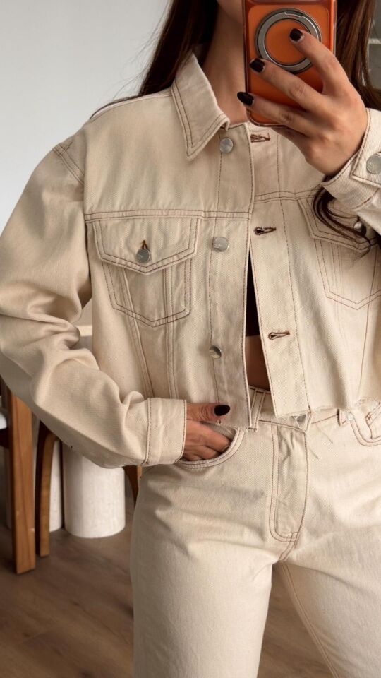 Basic Krem Denim Crop