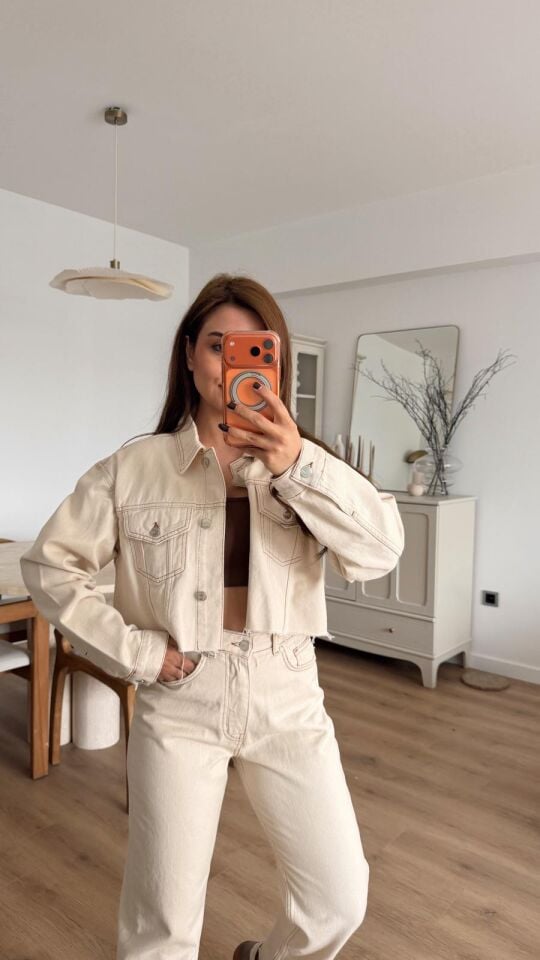 Basic Krem Denim Crop