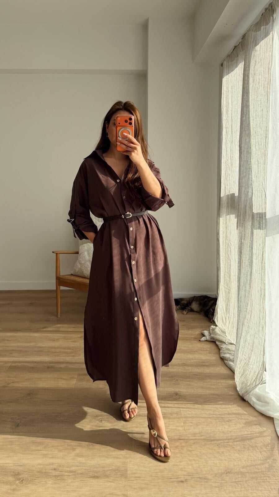Tencel Kemerli Kahve Gömlek Elbise