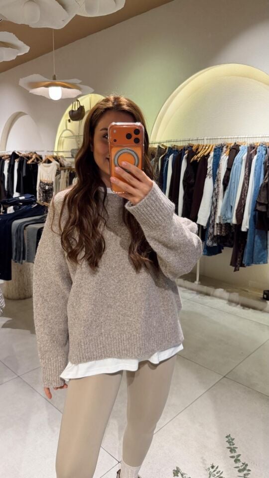 Bisiklet Yaka Yumoş Kazak Bej