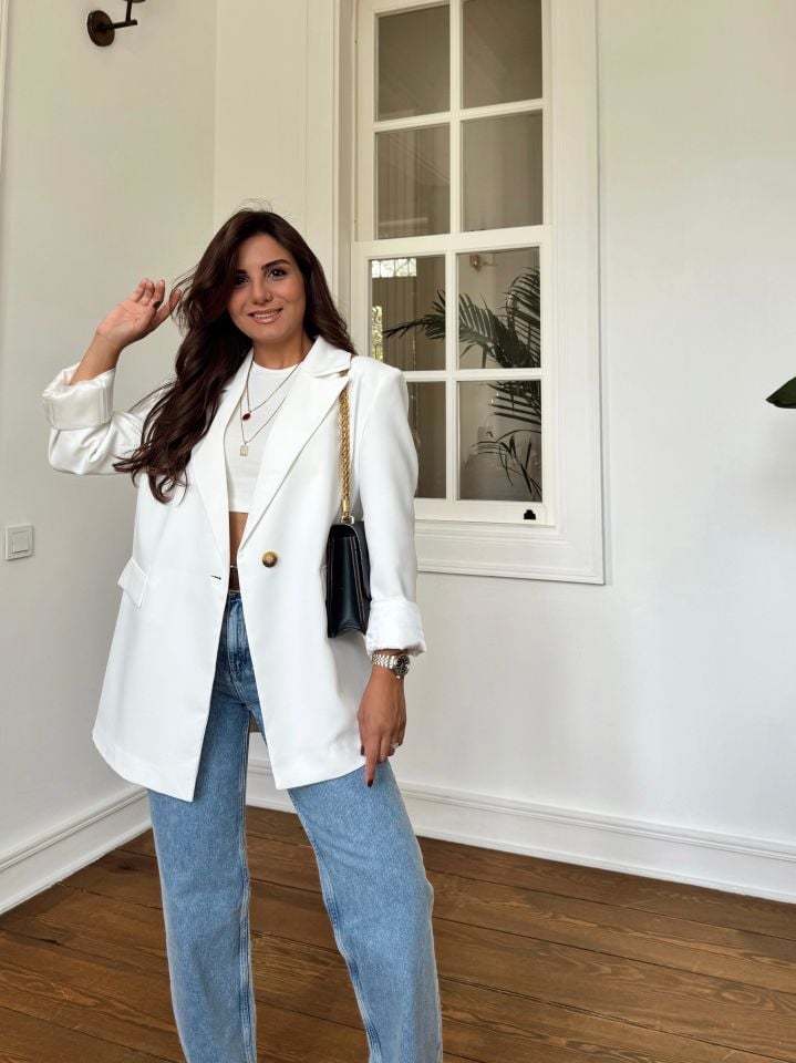 Tek Düğme Beyaz Blazer