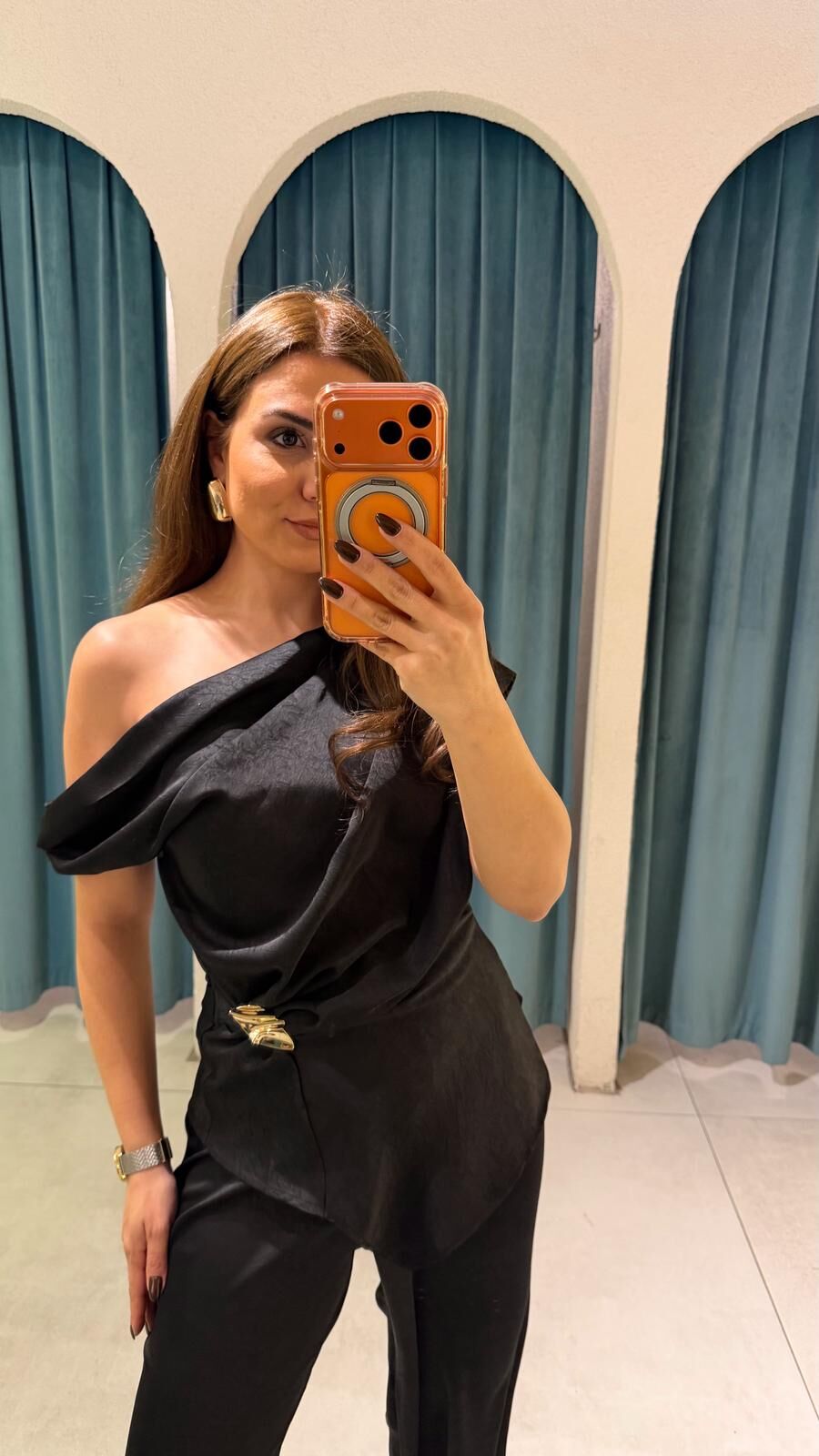 Tokalı Saten Bluz Siyah