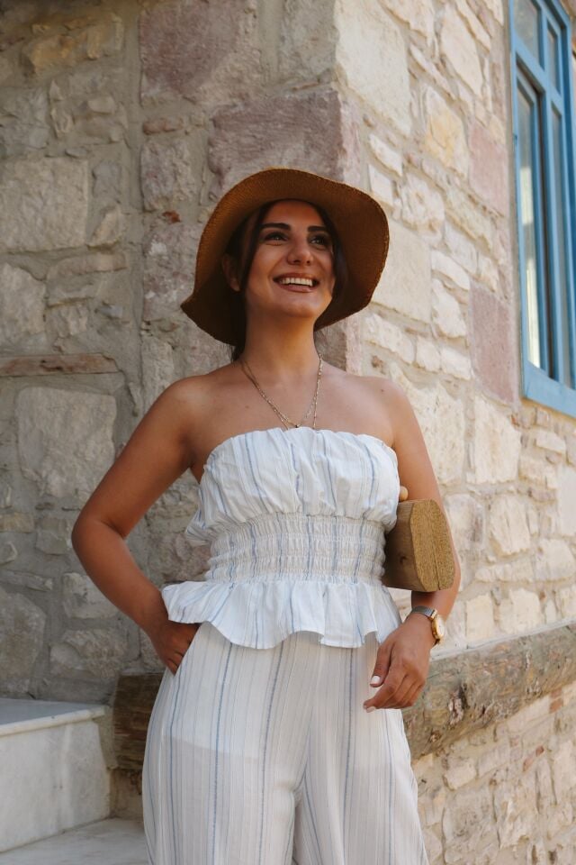 Mavi Çizgili Lastikli Crop